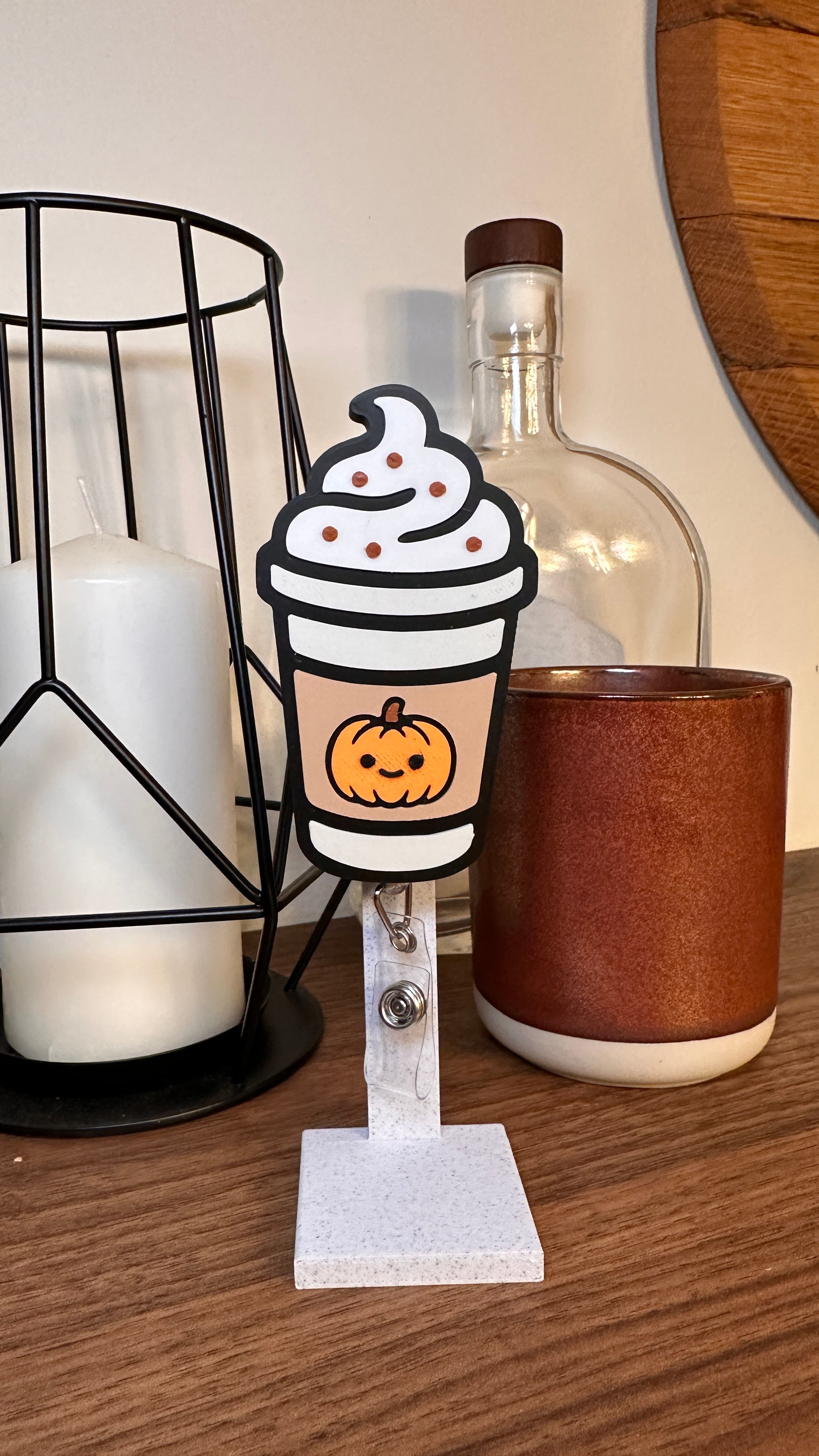 Pumpkin Spice Latte Badge Reel – Cute Fall Coffee ID Holder | Nurse & Teacher Accessory | 3D Printed Retractable Reel
