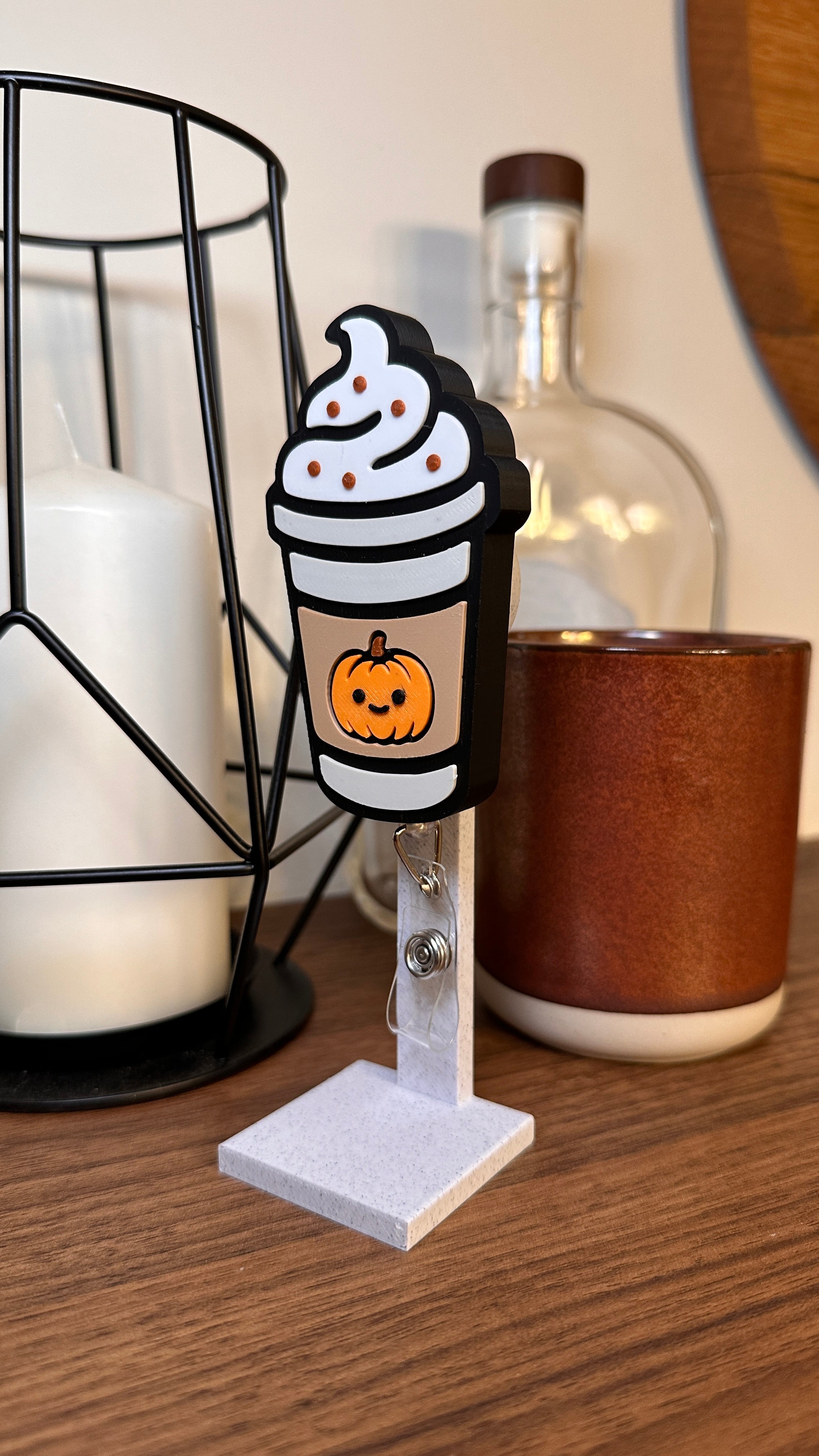 Pumpkin Spice Latte Badge Reel – Cute Fall Coffee ID Holder | Nurse & Teacher Accessory | 3D Printed Retractable Reel