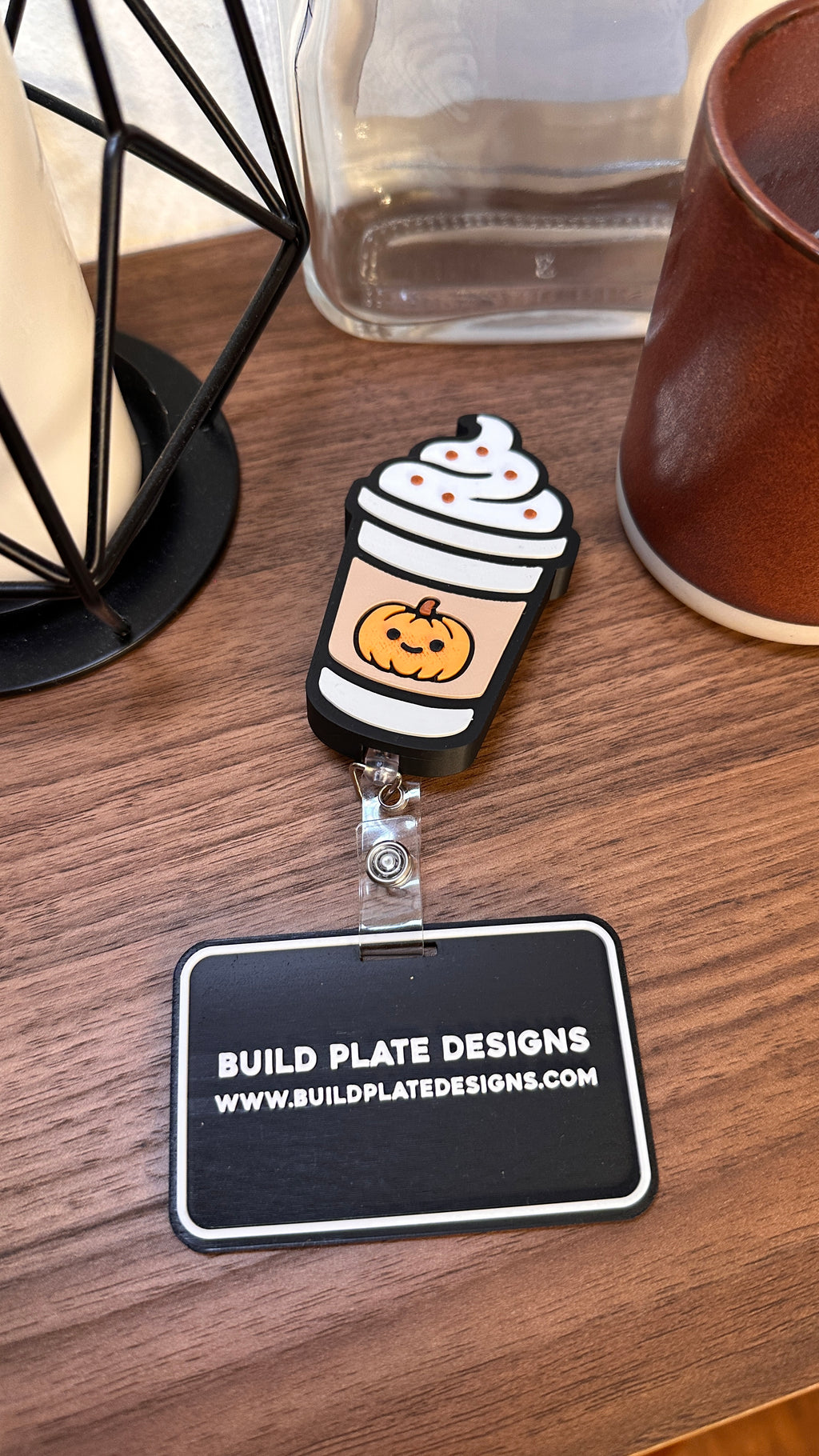 Pumpkin Spice Latte Badge Reel – Cute Fall Coffee ID Holder | Nurse & Teacher Accessory | 3D Printed Retractable Reel