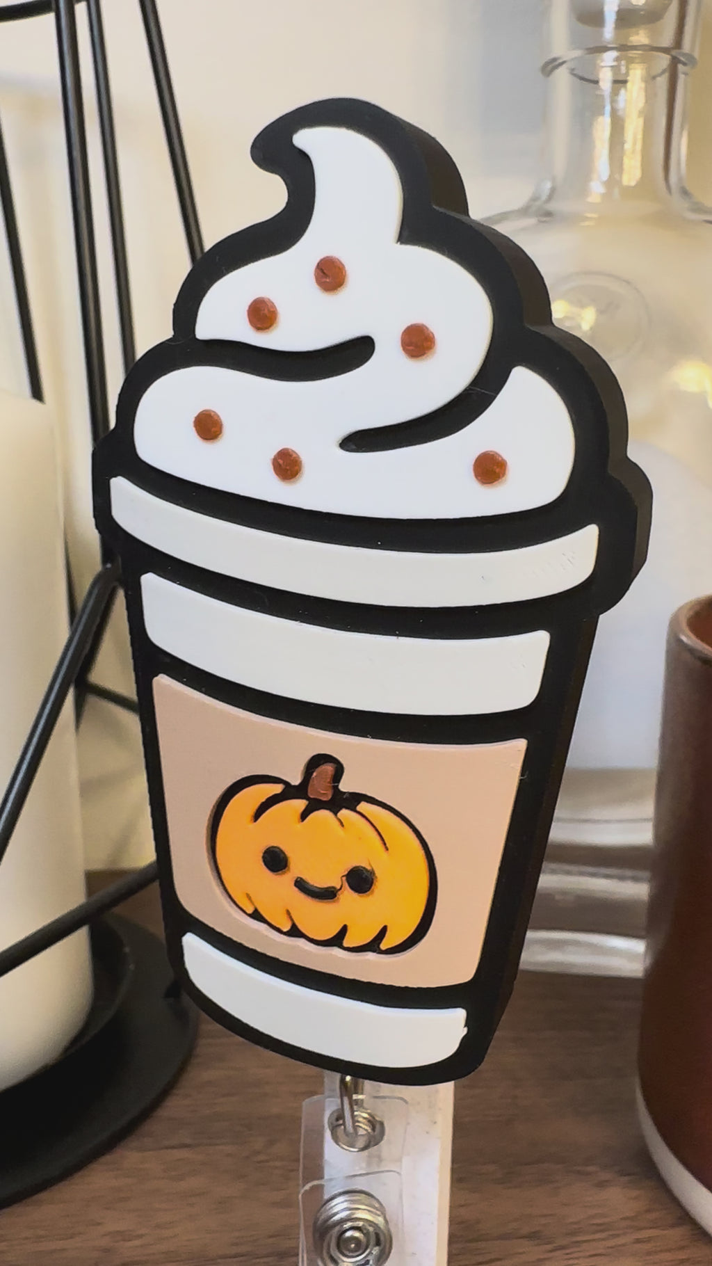 Pumpkin Spice Latte Badge Reel – Cute Fall Coffee ID Holder | Nurse & Teacher Accessory | 3D Printed Retractable Reel