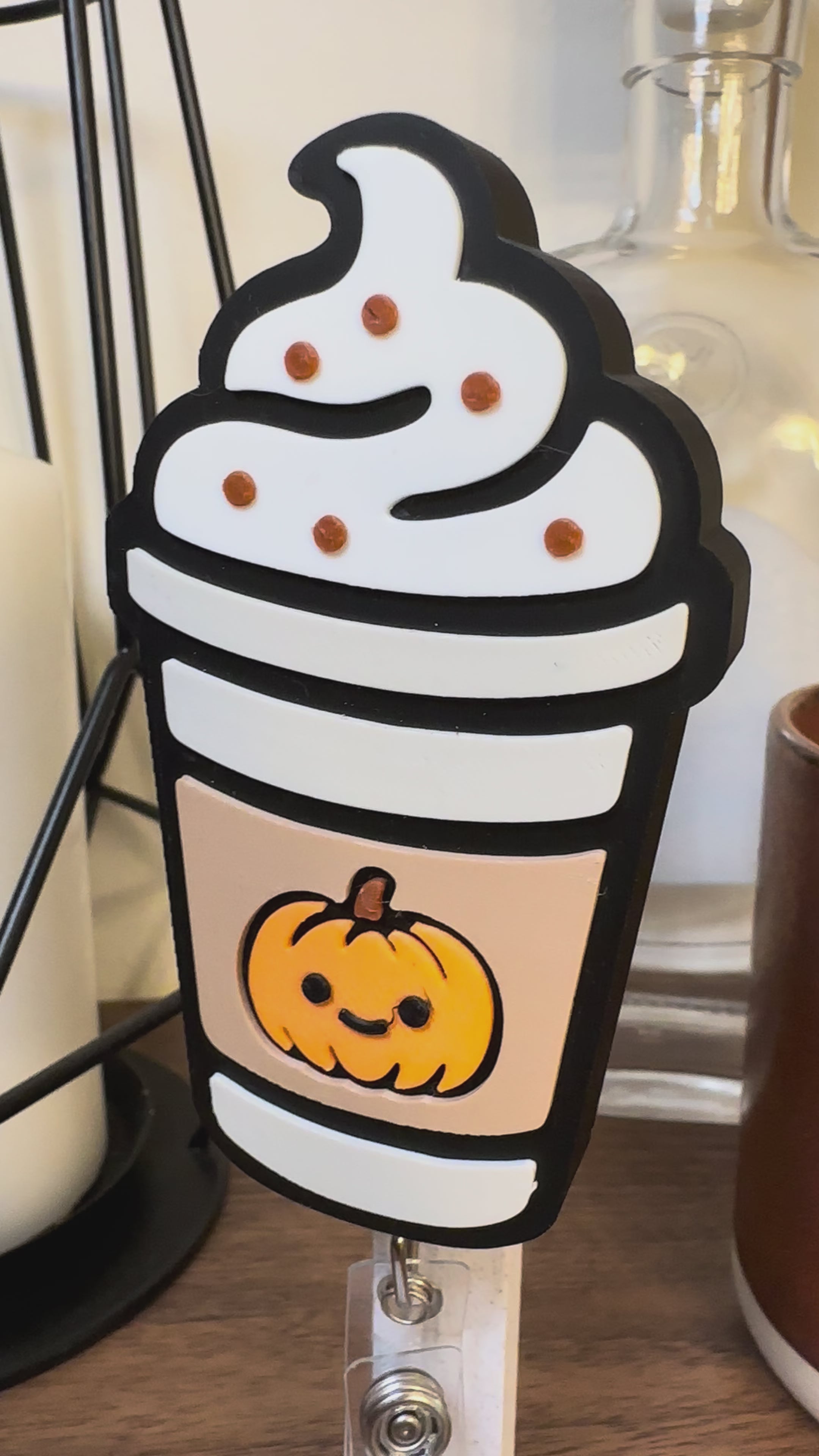 Pumpkin Spice Latte Badge Reel – Cute Fall Coffee ID Holder | Nurse & Teacher Accessory | 3D Printed Retractable Reel